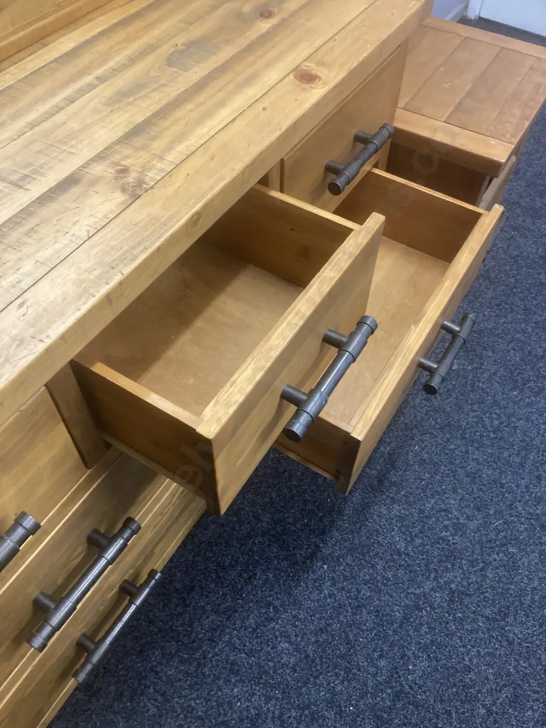 Wooden Bedroom Suite, 7 Drawer Chest With Mirror, 2 x Bedsides (1 Missing a Drawer), Steel Pipe Look Handles Image 1++
